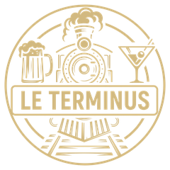Logo Le Terminus : locomotive dorée entre une chope et un cocktail