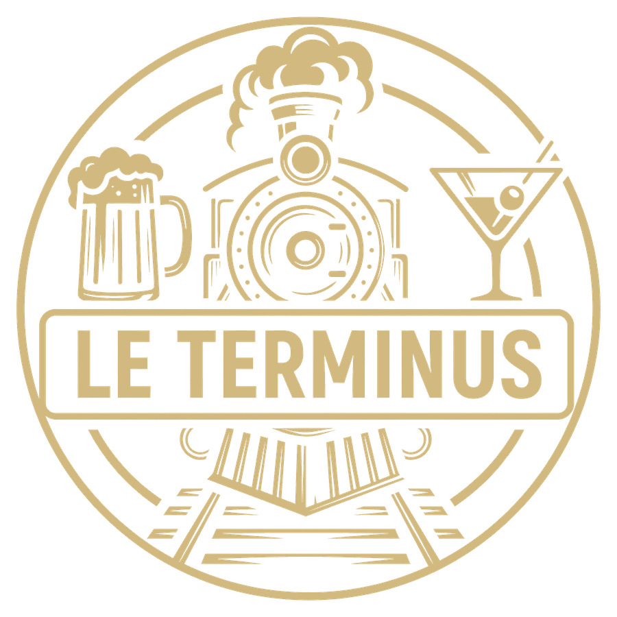 Emblème du Terminus : une locomotive de face entre une chope et un cocktail, cerclée d'or